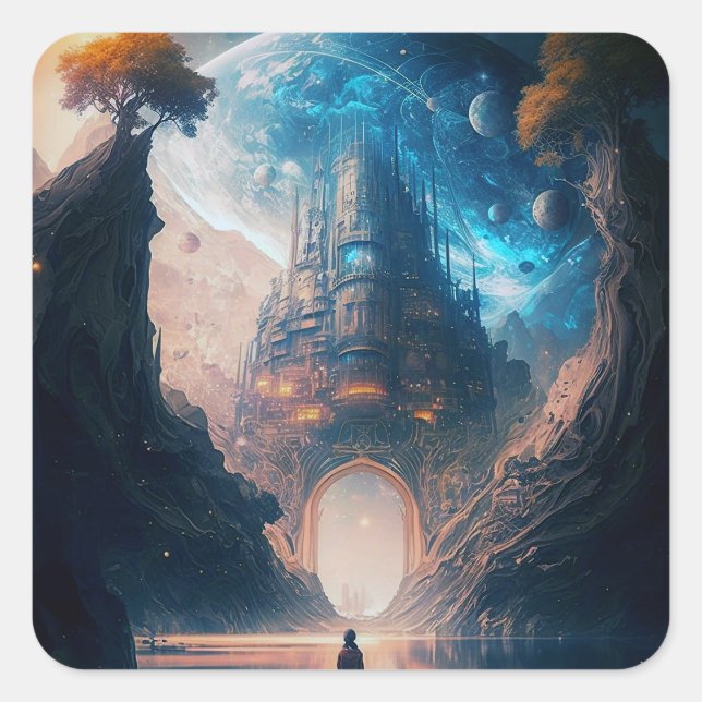 Futuristic Fantasy Castle Landscape Square Sticker (Front)