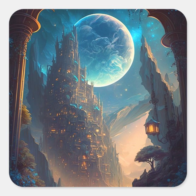 Futuristic Fantasy Castle Landscape Square Sticker (Front)