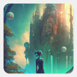 Futuristic Fantasy Castle Landscape Square Sticker