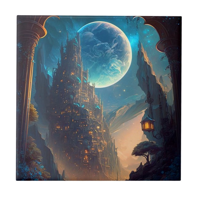 Futuristic Fantasy Castle Landscape Tile (Front)