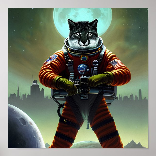 Futuristic Fantasy Cat Soldier Digital Art Poster (Front)