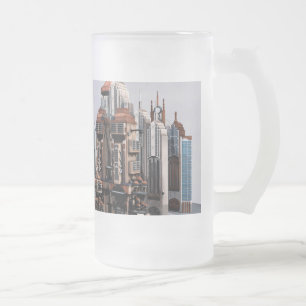 Futuristic Fantasy City Sci Fi Skyline Art Frosted Glass Beer Mug