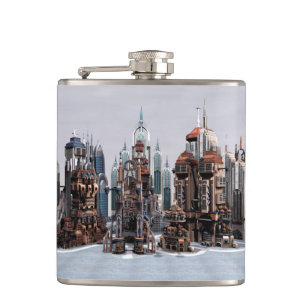 Futuristic Fantasy City Sci Fi Skyline Art Hip Flask