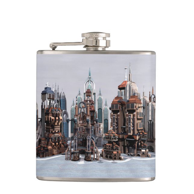 Futuristic Fantasy City Sci Fi Skyline Art Hip Flask (Front)