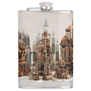 Futuristic Fantasy City Sci Fi Skyline Art Hip Flask