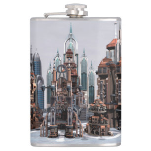 Futuristic Fantasy City Sci Fi Skyline Art Hip Flask