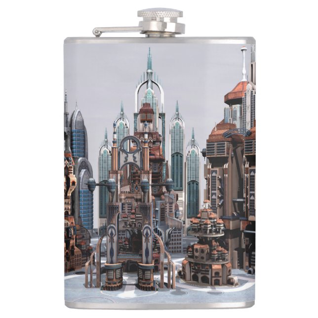 Futuristic Fantasy City Sci Fi Skyline Art Hip Flask (Front)