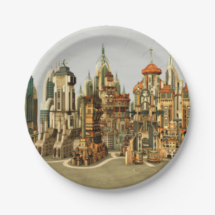 Futuristic Fantasy City Sci Fi Skyline Art Paper Plate