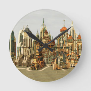 Futuristic Fantasy City Sci Fi Skyline Art Round Clock