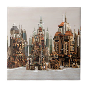 Futuristic Fantasy City Sci Fi Skyline Art Tile