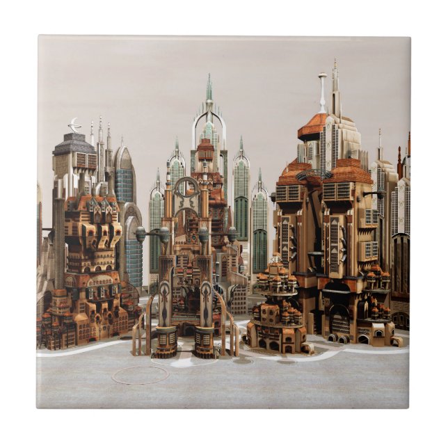 Futuristic Fantasy City Sci Fi Skyline Art Tile (Front)
