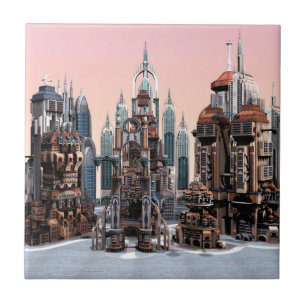 Futuristic Fantasy City Sci Fi Skyline Art Tile