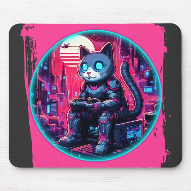 Futuristic Feline Tech Mouse Mat (Front)