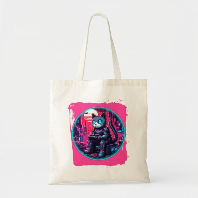 Futuristic Feline Tech Tote Bag (Front)