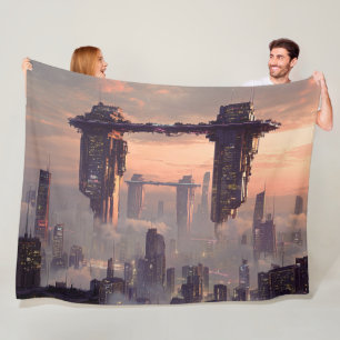 Futuristic floating megastructures above the city fleece blanket