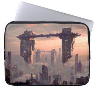 Futuristic floating megastructures above the city laptop sleeve