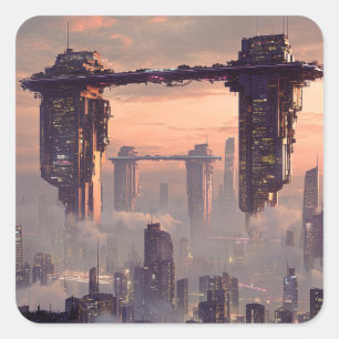 Futuristic floating megastructures above the city square sticker