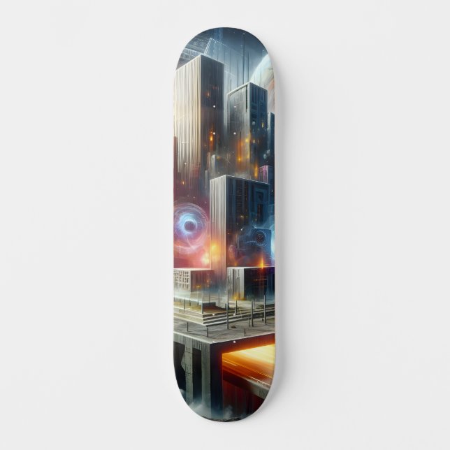 Futuristic floating metropolis with cosmic portals skateboard (Front)