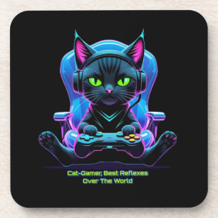 Futuristic gamer cat with joystick and feline atti coaster