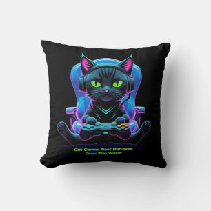 Futuristic gamer cat with joystick and feline atti cushion