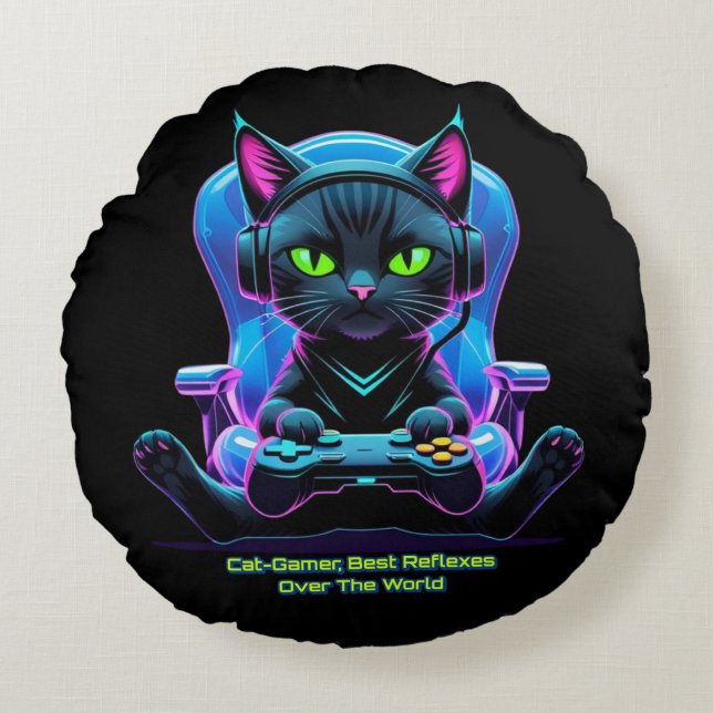 Futuristic gamer cat with joystick and feline atti round cushion (Front)