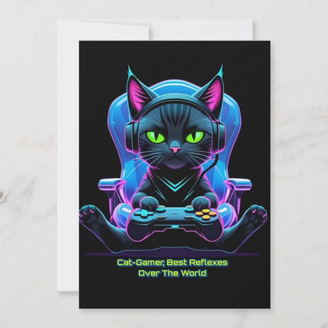 Futuristic gaming cat with joystick and feline att invitation (Front)