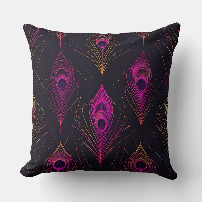 Futuristic Geometric Peacock & Neon Pulse Pillow (Front)