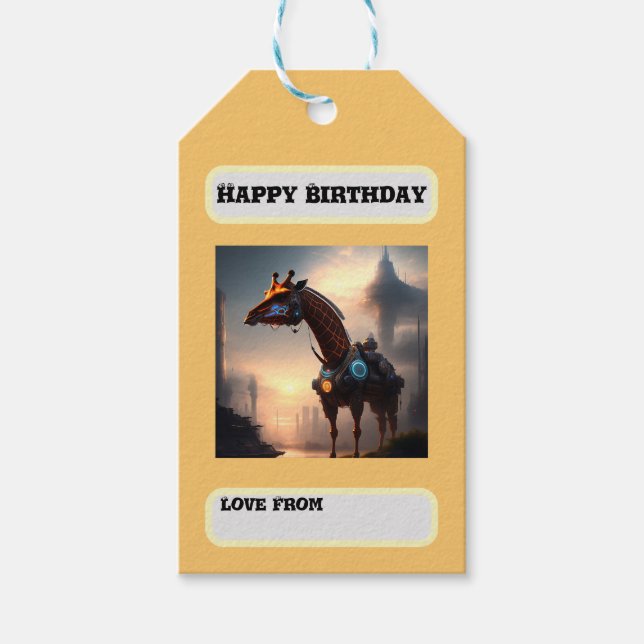 Futuristic Giraffe Robot, Birthday Gift Tags (Front)