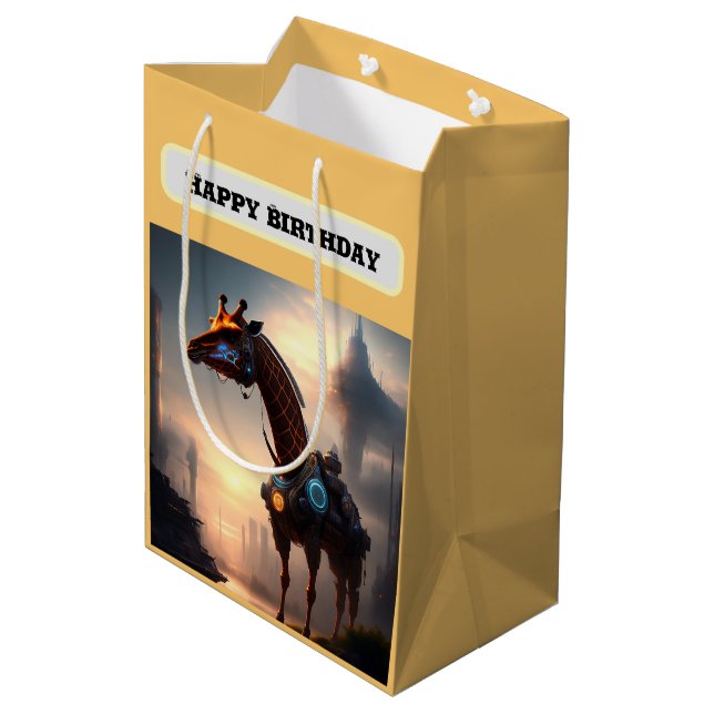 Futuristic Giraffe Robot, Birthday Medium Gift Bag (Back Angled)