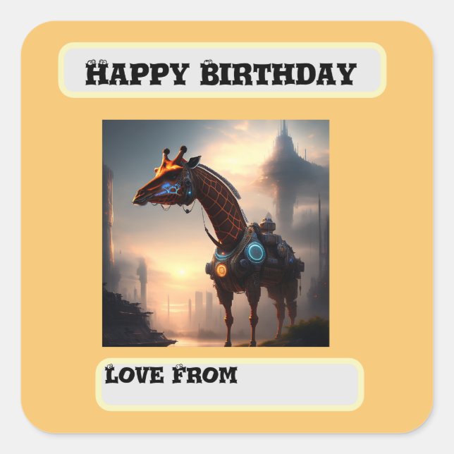 Futuristic Giraffe Robot, Birthday Square Sticker (Front)