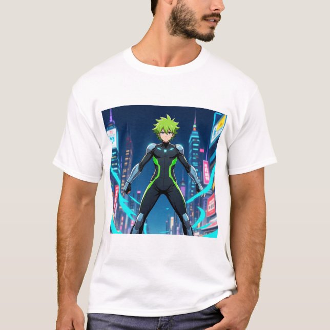 Futuristic Green-Haired Anime Hero in Cyberpunk Ci T-Shirt (Front)