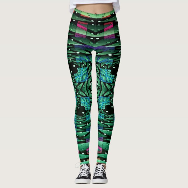 Futuristic Green Kaleidoscope Leggings (Front)