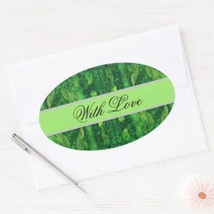 Futuristic green leafy pattern oval sticker