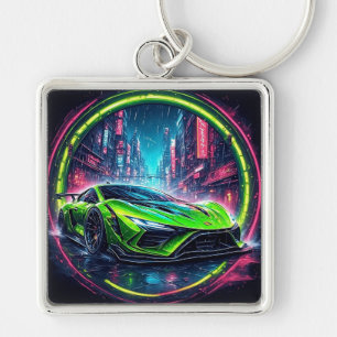 Futuristic Green Sports Car in a Neon Cyberpunk Key Ring
