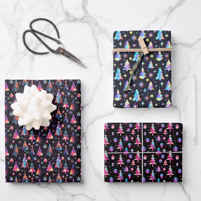 Futuristic Holographic Christmas Pattern Wrapping Paper Sheet (Front)