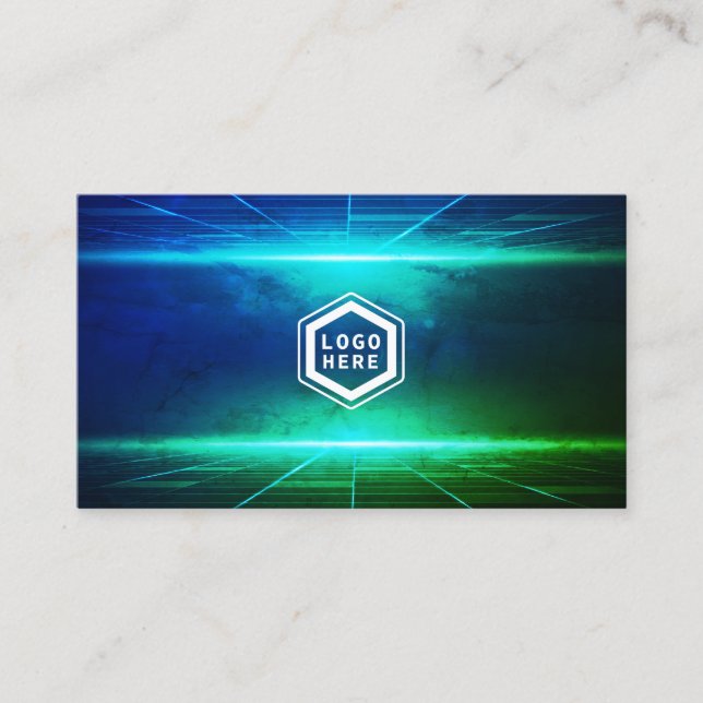 Futuristic Horizon Blue & Green Light Texture Business Card (Front)