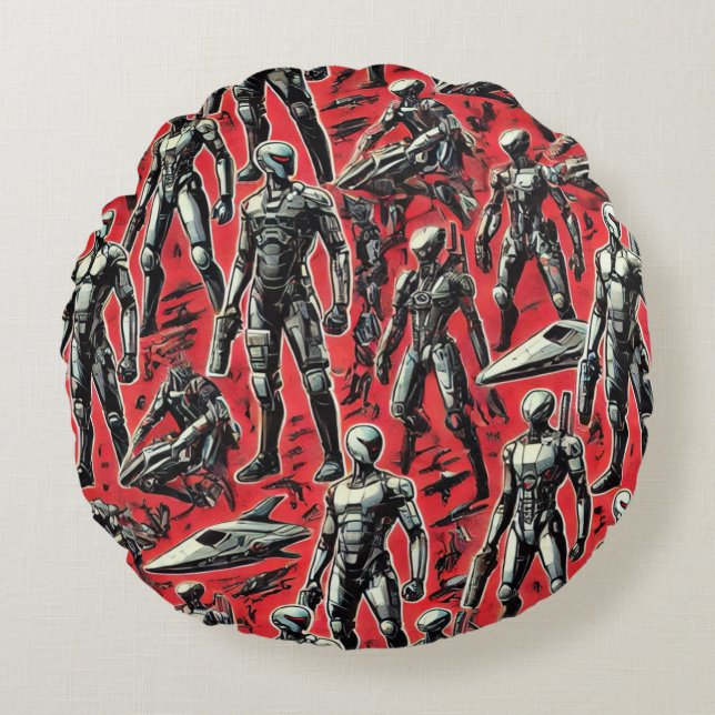 Futuristic Humanoid Robot Pattern | AI Robotics Sc Round Cushion (Front)