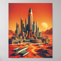 Futuristic Martian City Poster Mid-Century Style