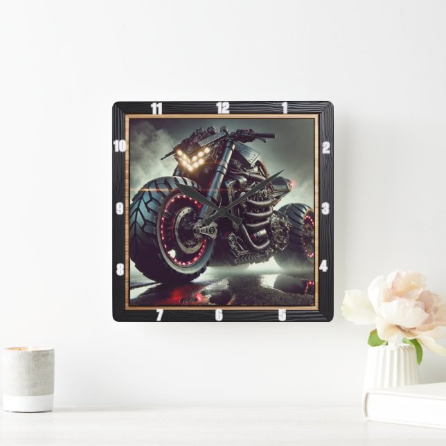 Futuristic Motorcycle With LED Lights Displaying Square Wall Clock (Home)