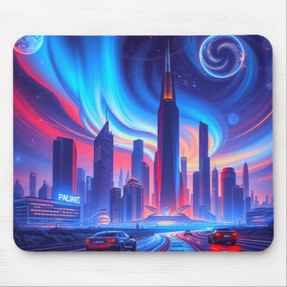 Futuristic Mouse Pad | Neon City & Cosmic Swirls