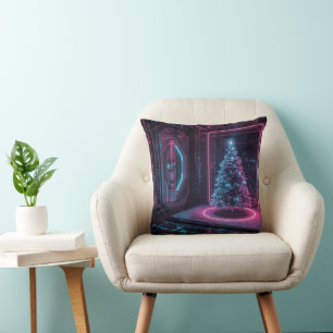 Futuristic Neon Christmas – Modern Sci-Fi Holiday  Cushion