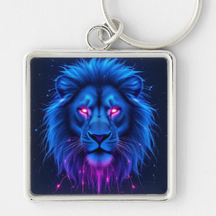 Futuristic Neon Cyber Lion Glowing Pink Eyes Squar Key Ring
