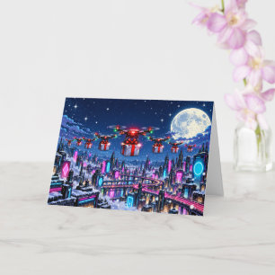 Futuristic Neon Cyberpunk City Drone Gift Delivery Card