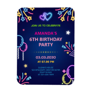 Futuristic Neon Glow Birthday Party Invitation Magnet