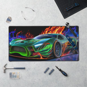 Futuristic Neon Green Supercar Fire Desk Mat
