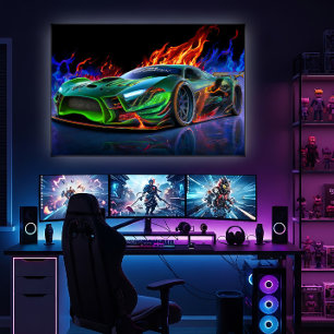 Futuristic Neon Green Supercar Fire Poster