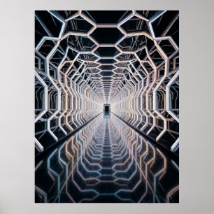 Futuristic Neon Hex Tunnel Poster