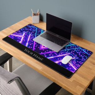 Futuristic neon lights computer circuit board glow desk mat