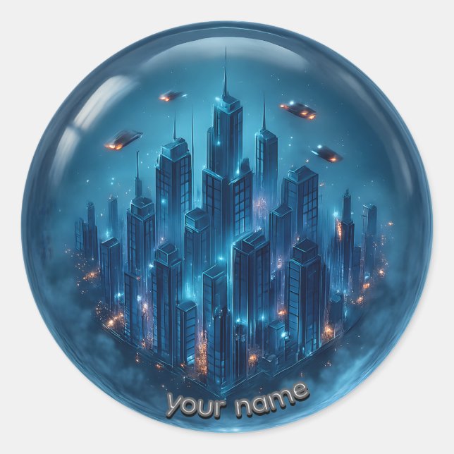 Futuristic Neon Mini City 3D Sticker (Front)
