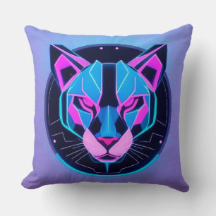 Futuristic Neon panther Face in Geometric Art Cushion